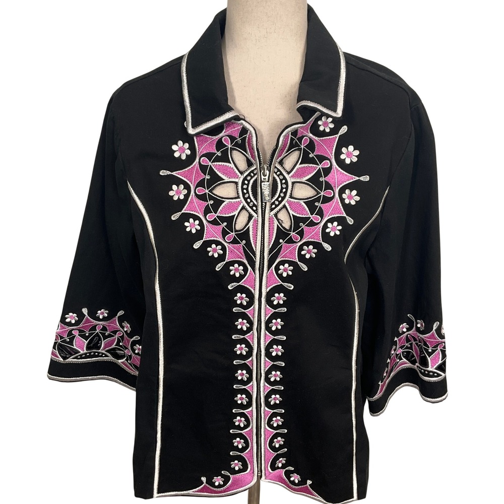 Bob Mackie Wearable Art Jacket Womens Large Black Pink Floral Embroidery Shirt